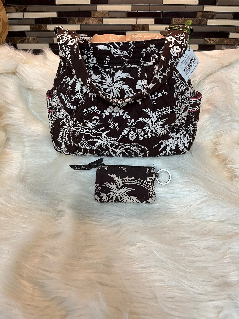 Vera Bradley Brown and White Quilted Tote with Matching Coin Pouch